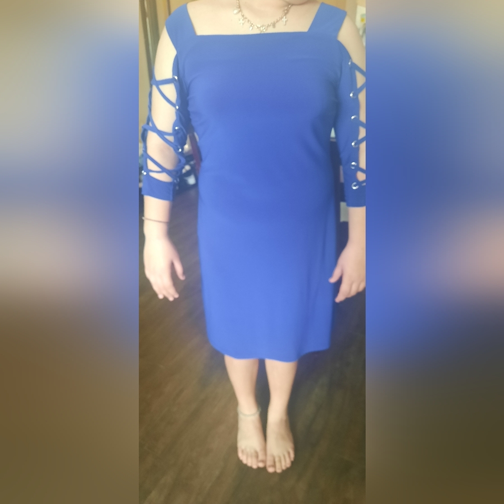 MSK Royal Blue Cold-Shoulder Midi Dress with Lace-Up Sleeves